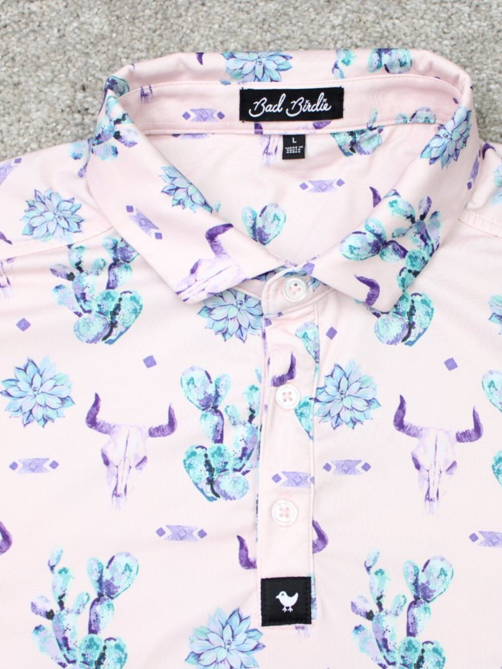 Bad Birdie The Ranch Polo Shirt Mens Large Pink Cactus & Cow AOP Short Sleeve - Picture 4 of 11